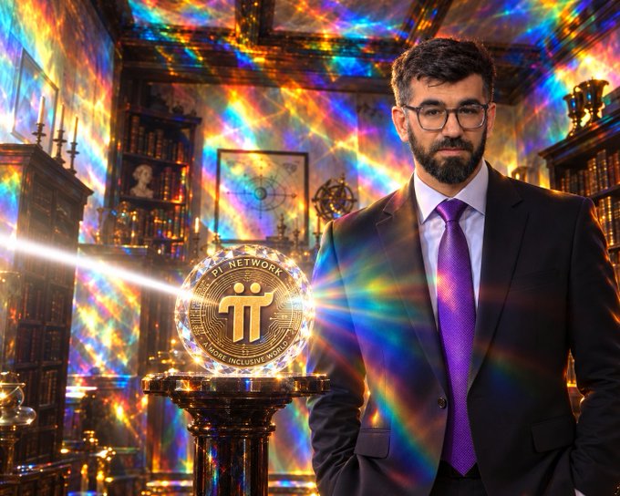 A man in a dark suit and purple tie stands next to a glowing Pi Network coin labeled "PI NETWORK" and "MORE INCLUSIVE NETWORK," with vibrant rainbow light effects illuminating the library-like background, reinforcing the post's "HODL" message for the Pi Network cryptocurrency.