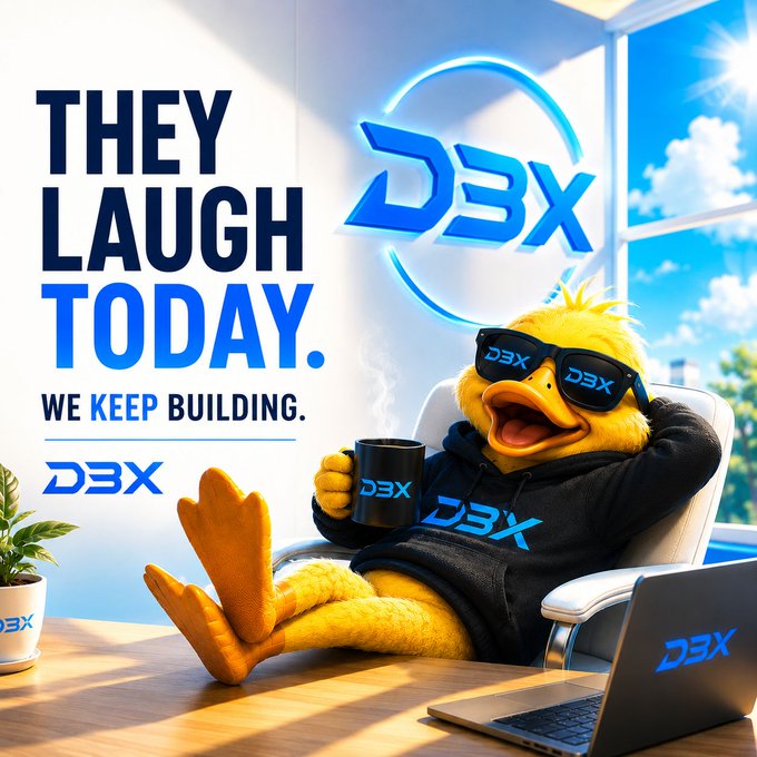 The image features a cartoon duck sitting at a desk with a laptop computer, holding a coffee cup. The background of the image shows a window overlooking trees outside. The caption for the image reads "They laugh today. We'll compare notes later. d3nrx.com #D3X #D3NRX #Solana #Web3". This suggests that there is an ongoing discussion or comparison between the cartoon duck and the post about them laughing together, possibly related to a humorous or lighthearted topic.