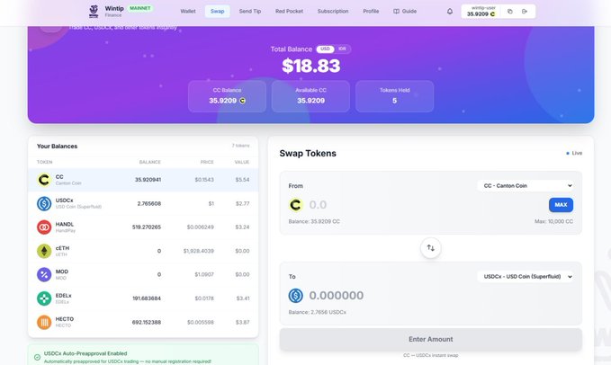 The image shows a Winsnip Finance wallet interface displaying a total balance of $18.83, with 35.9209 CC (Canton Coin) tokens and a Swap Tokens section for exchanging CC to USDCx, reflecting the team's ongoing development of their multi-token wallet platform before locking the 5M CC milestone.