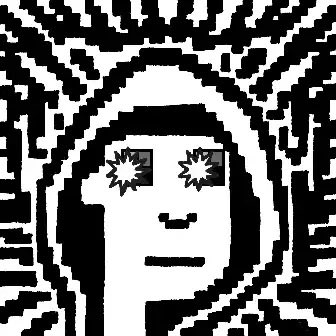 A high-contrast black and white pixel art or glitch-style portrait of a person wearing sunglasses with star-shaped reflections, set against a jagged background pattern.