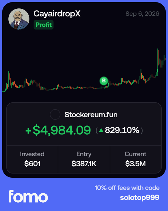 A trading card for 'CayairdropX' dated Sep 6, 2026, showing a Profit trade on Stockereum.fun with a +$4,984.09 gain (829.10%), invested $601, entry $387.1K, current $3.5M, with promo 'fomo 10% off fees with code solotop999'.