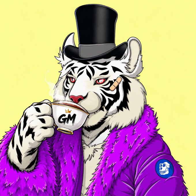Illustration of a stylish white tiger wearing a black top hat and a purple fur coat, holding a teacup with a crown and 'GM' printed on it, and a bandage over its eye.
