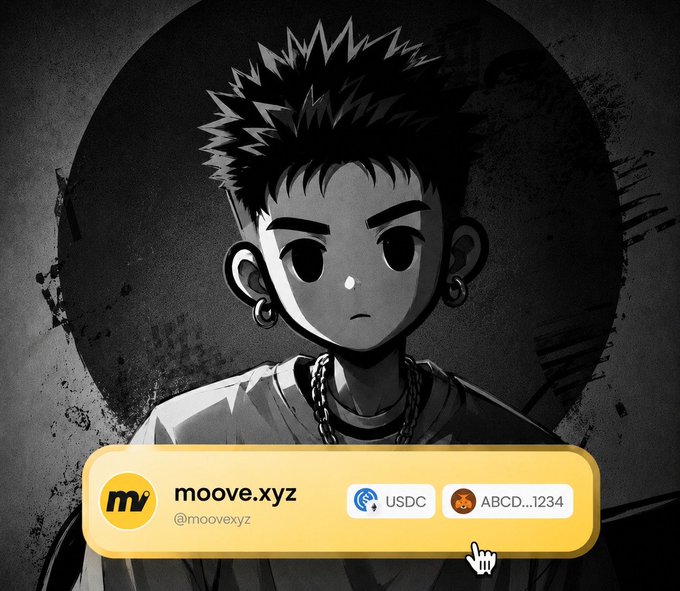 The image features a black and white cartoon-like depiction of a young man wearing earrings and a necklace with his head tilted slightly to one side. The background includes a circle, which could be interpreted as a logo or a symbol related to the social media platform where the post is being shared. The caption below the image reads: "What I love most about @moovexyz isn't just the wallet or rewards it's the community that makes it special". This message highlights the importance of the Moove community and their support for one another, which is a key aspect of the platform's values.