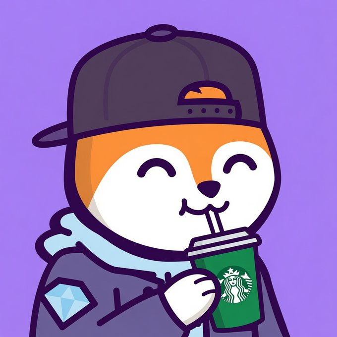 A cartoon illustration of a smiling fox wearing a backwards cap and hoodie, drinking from a green Starbucks cup, with an Ethereum diamond logo on its sleeve.