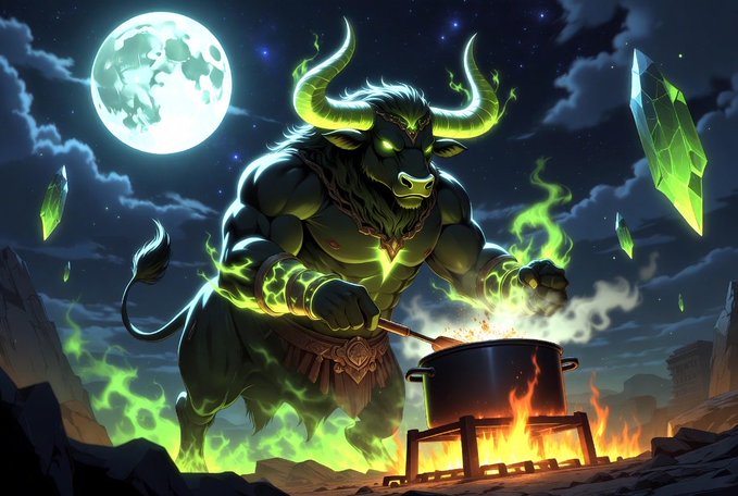 A fearsome, green-glowing bull-headed beast stirs a potion over a blazing cauldron beneath a full moon, channeling volatile "green flame" energy into the brew. The imagery mirrors the post's "GM" and "$ANSEM" message by symbolizing a charging bull still cooking up momentum — the market's work isn't finished.