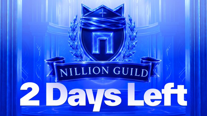 A blue-themed promotional graphic displays the "Nillion Guild" emblem—a shield with a central "N" logo flanked by laurel wreaths—above the text "2 Days Left" in large white letters, aligning with the post's reminder that only two days remain to submit Operator Guild nominations recognizing community contributors.