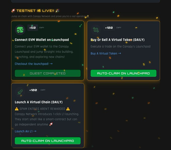 A Canopy Network testnet quest page showing three quests: 'Connect EVM Wallet on Launchpad' (50 CNPY, completed), 'Buy Or Sell A Virtual Token (DAILY)' (100 CNPY), and 'Launch A Virtual Chain (DAILY)' (100 CNPY), with a warning that 'SPAM ENTRIES AREN'T REWARDED'.