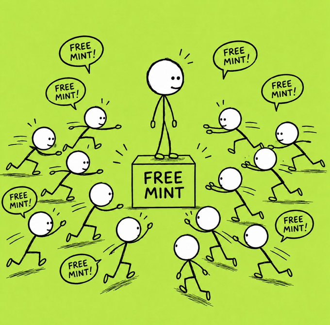 A cheerful stick figure stands atop a box labeled "FREE MINT," surrounded by excited stick figures running toward it while shouting "FREE MINT!" — perfectly capturing the hyped energy of an upcoming token drop referenced in the "Gm RH mfers, One more sleep. FREE MINT TOMORROW" post.