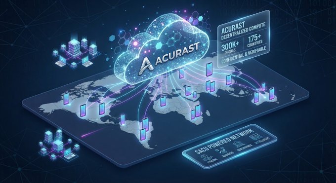 A digital illustration shows 'ACURAST' decentralized compute network with text indicating '300K+ PHONES', '175+ COUNTRIES', and 'CON[FI]DENTIAL & VERIFIABLE' alongside a world map with smartphones connected to cloud servers.