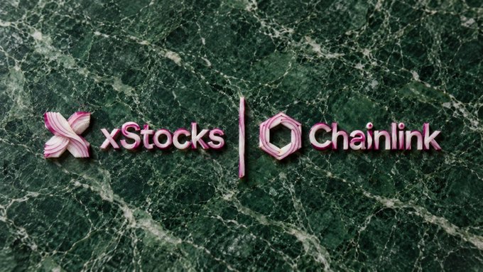 A graphic displaying the logos for xStocks and Chainlink on a green marble background.