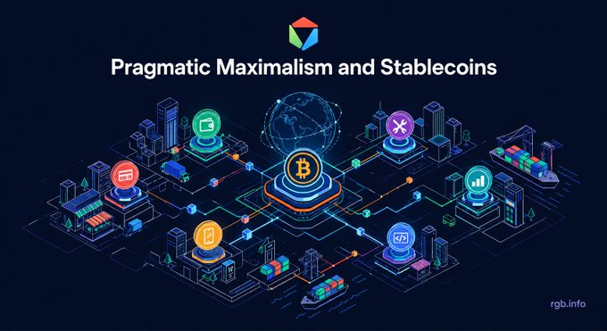A digital isometric illustration titled 'Pragmatic Maximalism and Stablecoins' from rgb.info depicts a network of cryptocurrency icons including Bitcoin connected by glowing lines, surrounded by stylized city buildings, shipping containers, and boats.