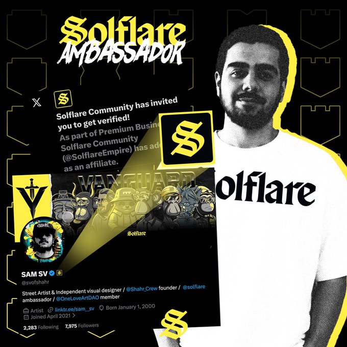 A promotional graphic for 'Solflare Ambassador' featuring a man in a Solflare t-shirt, screenshots of Twitter/X notifications and his profile (@svofsahr) showing him as a Premium Business affiliate, alongside Solflare branding and BAYC-style NFT artwork.