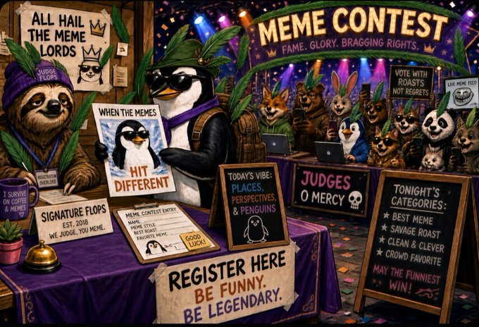 A whimsical illustrated scene of a "MEME CONTEST" event titled "FAME. GLORY. BRAGGING RIGHTS." featuring various anthropomorphic animals (penguins, foxes, pandas, bears) as judges and contestants, with signs listing categories like "BEST MEME" and "SAVAGE ROAST".