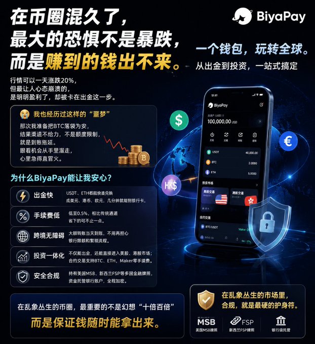 An advertisement for BiyaPay, a cryptocurrency service, featuring Chinese text explaining the benefits of using the app for trading and investing, with a phone displaying the app interface.
