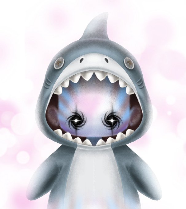 A plush toy or 3D rendering of a gray shark with an open mouth revealing a sparkly, colorful interior against a soft pink background.