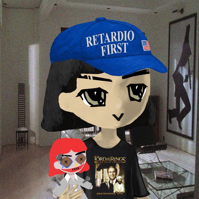 A cartoon character wearing a 'RETARDIO FIRST' blue cap and a 'Lord of the Rings' shirt, holding a clown-like doll.