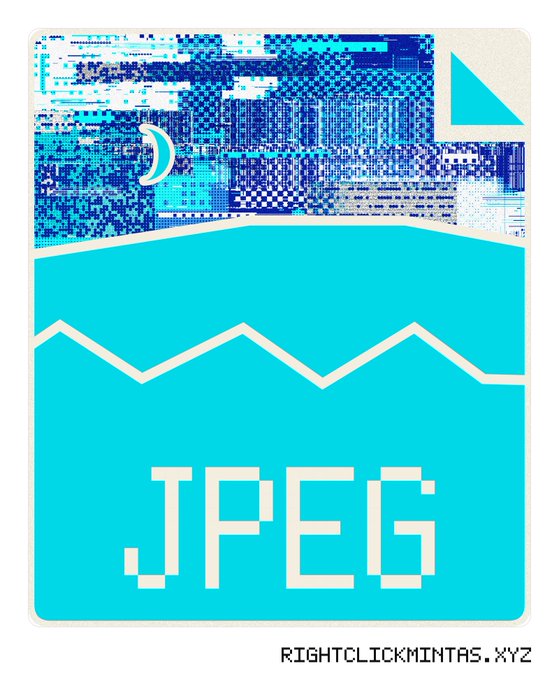 Digital artwork resembling a JPEG file icon with blue pixelated glitch effects, displaying the text 'JPEG' and 'RIGHTCLICKMINTAS.XYZ'.