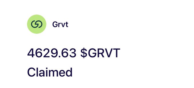 The image shows a confirmation of 4629.63 $GRVT claimed, aligning with the post's mention of "$1200 from GRVT airdrop."