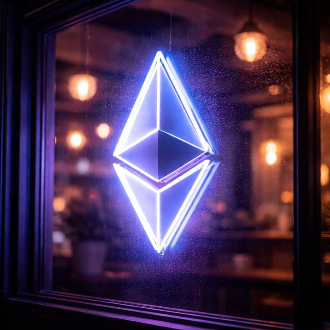 A glowing blue and purple neon Ethereum logo displayed in a window against a warm, blurred interior background with hanging lights.