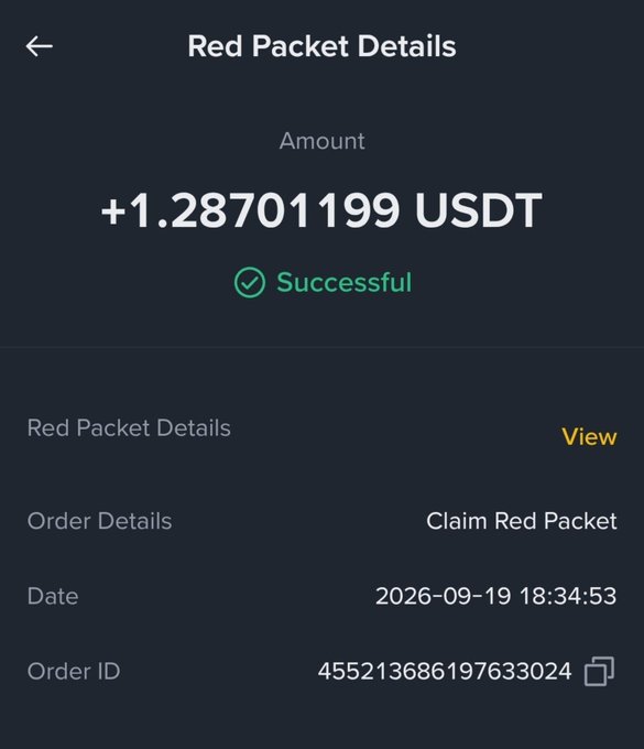 A mobile screen displays a successful Red Packet transaction for +1.28701199 USDT dated 2026-09-19 18:34:53, with options to view details or claim the packet.