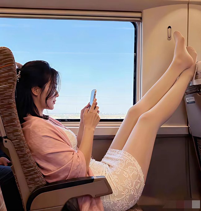 A woman in a pink top and lace skirt relaxes on a train, looking at her phone with her bare feet propped up against the seat in front of her. The image aligns with the post's caption, which playfully teases about her bare feet being noticeable—and potentially unwelcome—to the passenger in the seat ahead.