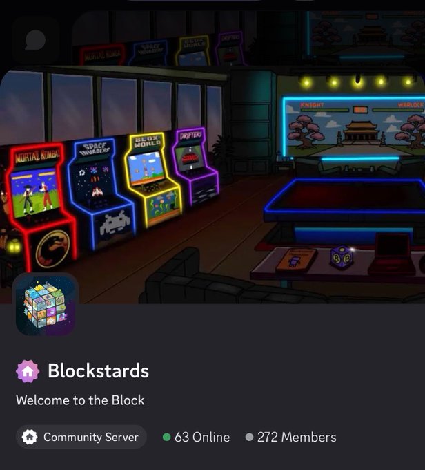 A Discord community server page for 'Blockstards' with 63 members online and 272 total members, featuring pixel-art arcade machines with games like Mortal Kombat, Space Invaders, Blox World, and Driftu.