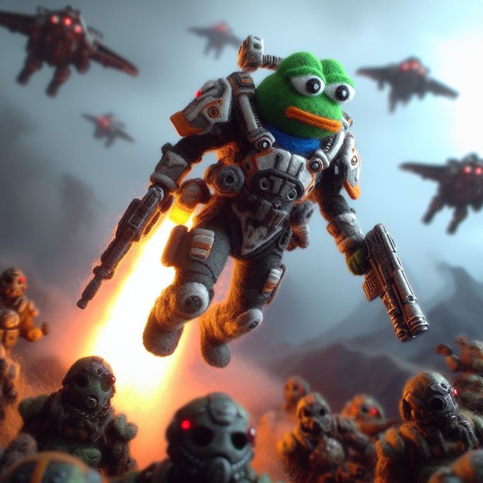 A felt-style Pepe the Frog character in detailed mech armor flies with dual pistols, a jetpack, and a light saber, surrounded by enemy soldiers and aircraft in a battle scene.