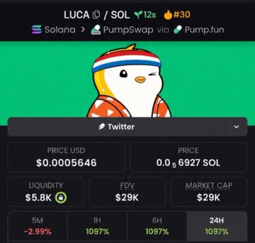 A cryptocurrency token page for "LUCA" on the Solana blockchain via PumpSwap/Pump.fun, showing a penguin mascot, price of $0.0005646 (0.006927 SOL), liquidity of $5.8K, market cap of $29K, and 1097% gains across 1H, 6H, and 24H.