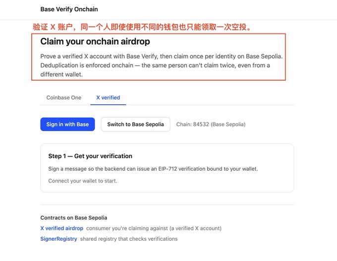 A screenshot of the Base Verify Onchain interface showing a claim page for an airdrop, with Chinese text noting that one verified X account can only claim once per person regardless of wallet, alongside a "Sign in with Base" button on Chain 84532 (Base Sepolia) and step-by-step verification instructions.