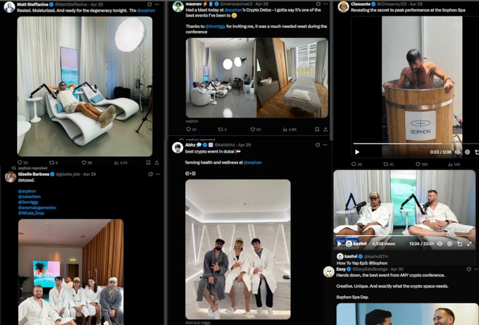 A collage of social media posts from various users at a luxury event featuring white-robed attendees, ice baths, hot tubs, and branded "Sophon" tubs, with text referencing "SophonSpa," "cynic detox," and "#Sophon." The image visually supports the post's claims of misappropriated funds by showing the opulent setup, including catered saunas, a Michelin-starred chef, and $SOPH token promotions, suggesting a lavish event that was funded by investor money meant for development rather than excess.