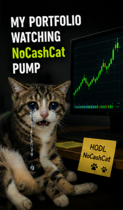 A crying kitten meme with text 'MY PORTFOLIO WATCHING NoCashCat PUMP' shows a sad tabby cat beside a green upward-trading chart, with a sticky note reading 'HODL NoCashCat'.
