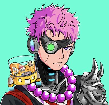 A digital illustration of an anime-style character with purple hair, a robotic eyepatch, large purple beads, and a metallic clawed hand, holding a small robot companion against a bright green background.