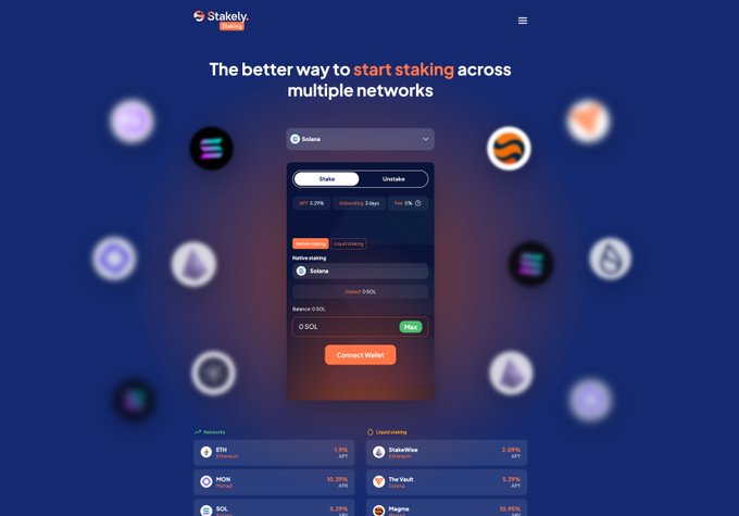 A screenshot of the Stakely Finance website promoting 'The better way to start staking across multiple networks,' showing a Solana staking interface with various crypto network logos and APY percentages.