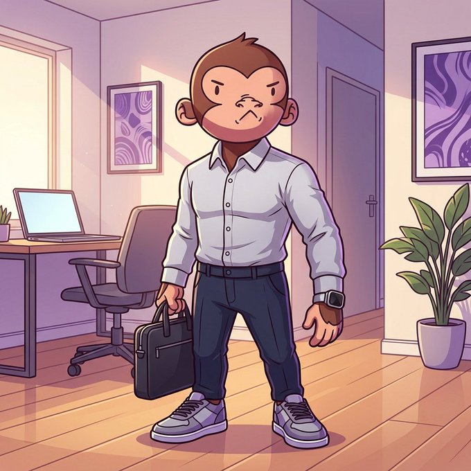 An anime-style character with a monkey-like face wearing a white shirt and dark pants, holding a briefcase in an office setting with a desk and laptop.