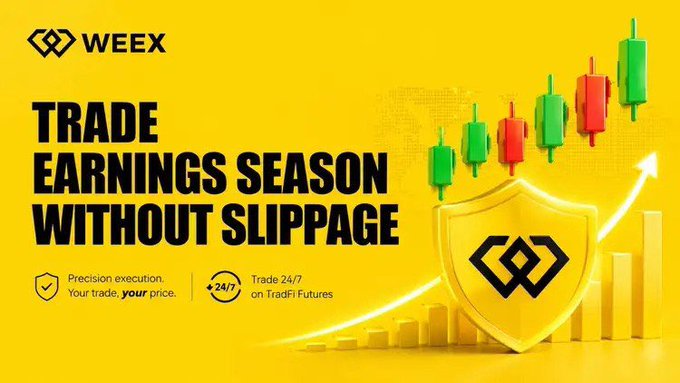 A bright yellow promotional banner for WEEX features the headline "TRADE EARNINGS SEASON WITHOUT SLIPPAGE," alongside a gold shield logo, green and red candlestick chart bars, and an upward-trending bar graph. Additional text highlights "Precision execution. Your trade, your price" and "Trade 24/7 on TradeFi Futures," visually reinforcing the post's message about minimizing slippage during volatile Big Tech earnings moves.