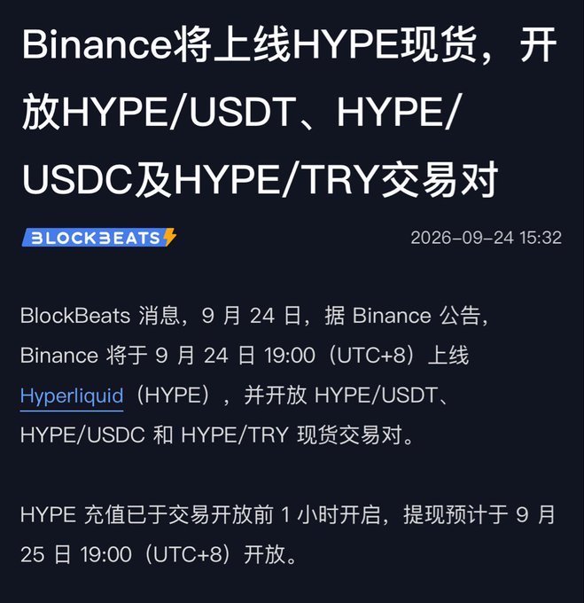 A Chinese news article from BlockBeats dated 2026-09-24 announcing that Binance will list HYPE spot trading pairs (HYPE/USDT, HYPE/USDC, HYPE/TRY) at 19:00 (UTC+8).