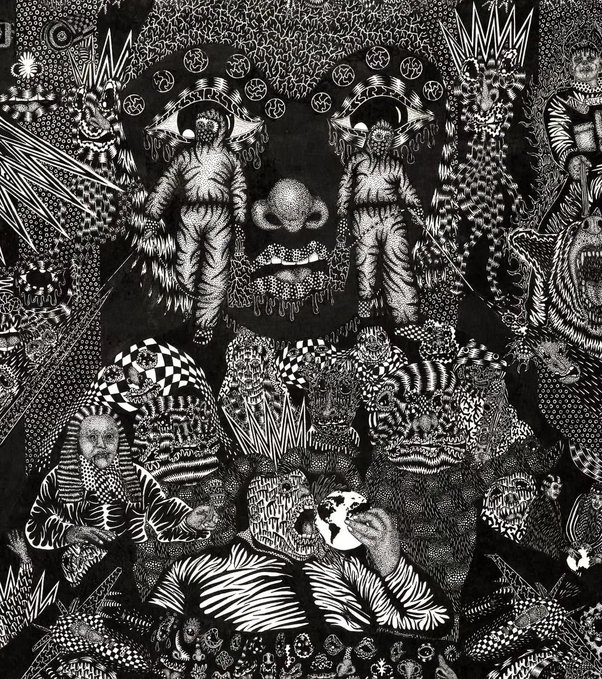 A highly detailed black and white intricate illustration features symmetrical figures, a ram skull, elephants, and various mythological creatures in dense, ornate linework.