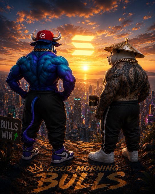 A muscular blue bull wearing a red cap and gold chain stands alongside a tattooed bear in a conical hat, both gazing at a sunset over a city skyline. The ground displays "GM GOOD MORNING BULLS" and a sign reads "BULLS WIN," reinforcing the bullish $SOL/$CURB sentiment of a fresh, optimistic day for Solana.