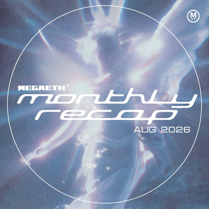 A dreamy, cosmic-style graphic features flowing blue and purple light effects with starbursts, overlaid with the text "MEGAETH® monthly recap AUG 2026." A circular border frames the ethereal design, and a small "M" logo sits in the top right corner, tying it to the announcement recapping MegaETH's August.