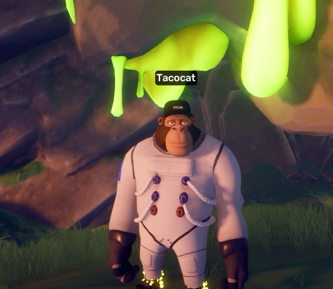The image features a cartoon gorilla standing in front of a green lava pit or volcano. The gorilla is wearing a spacesuit and has a caption that reads "Geeztronauts venture deep into the vast unknown of @OthersideMeta, charting a course through an ever expanding frontier of mystery, discovery, and adventure". The gorilla appears to be the main subject of the image, with the lava pit being the background element.