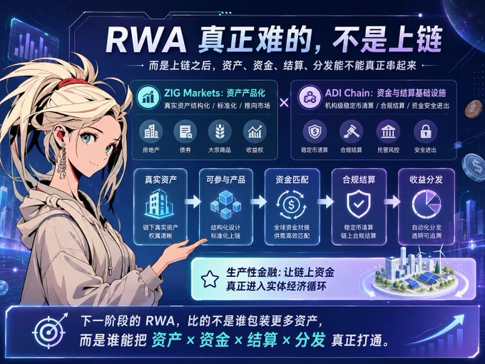 A Chinese-language infographic about "RWA" (Real World Assets) featuring an anime-style character and explaining ZIG Markets and ADI Chain processes.