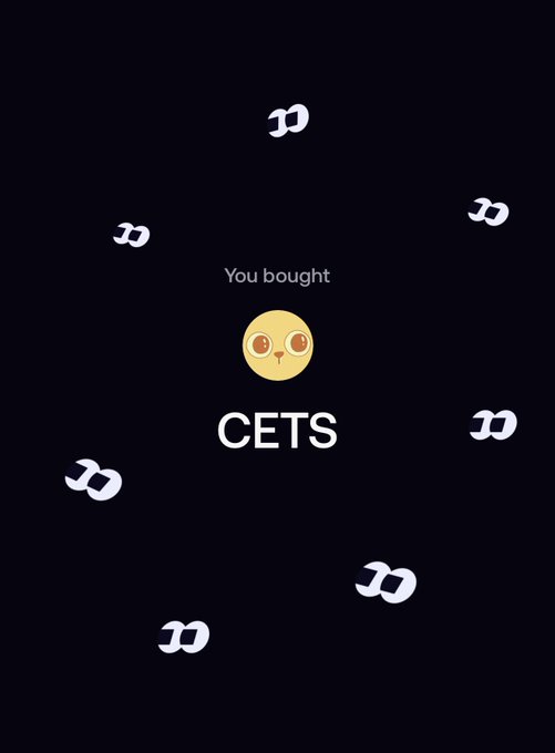 A digital confirmation screen with a dark background displaying the text 'You bought CETS' below an owl emoji, surrounded by scattered white 'D' symbols representing the Dash cryptocurrency.