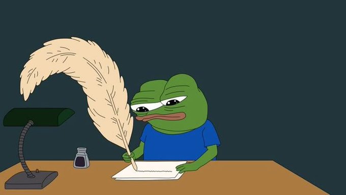 An illustration of Pepe the Frog wearing a blue shirt, sitting at a desk and writing with a large quill pen under a green desk lamp, with a small ink bottle beside him.