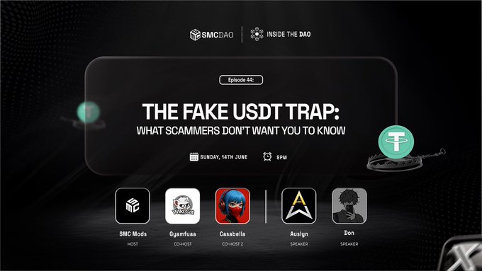 The image features a black background with white text that reads "The Fake USDT Trap." Below this, there are five different apps displayed, each with its own unique design and color scheme. The first app has a green background and white text, while the second one is red in color and also displays white text. The third app is blue, followed by an orange app that has white text on it. The fifth app is black with white text. These apps are arranged in a row below the main title of the post.