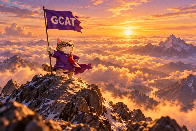 A determined cat wearing glasses stands triumphantly atop a snowy mountain peak, holding a purple flag labeled "GCAT" against a golden sunset sky. The image reinforces the post's message by visualizing "Genius Cat" as an intrepid, intellectual explorer conquering new heights, with the glasses serving as the humorous meme element atop a genuinely heroic pose.