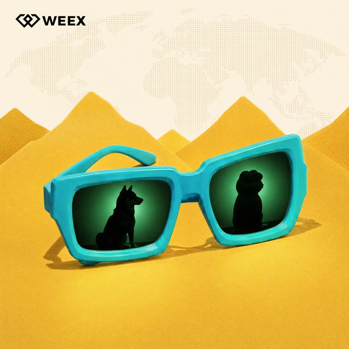 The image features turquoise-framed sunglasses with dog silhouettes reflected in the lenses, set against a desert mountain landscape with the "WEEX" logo in the top left corner—visually echoing the post's message "There will be signs..." by presenting these reflections as symbolic signs to be interpreted.