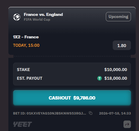 A sports betting slip on YEET shows a $10,000 wager on "France vs. England" (FIFA World Cup) with an estimated payout of $18,000, but the cashout button is only offering $9,786—a painfully low buyout that likely prompted the "LMAO" reaction as the bettor watches potential winnings evaporate while still in the "Upcoming" status before the 15:00 match.