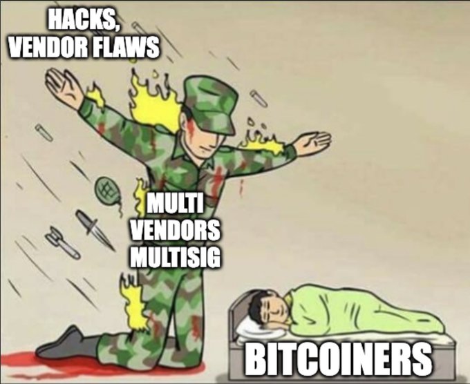 A satirical meme depicting a soldier in camouflage labeled 'MULTI VENDORS MULTISIG' on fire from 'HACKS, VENDOR FLAWS', while a person labeled 'BITCOINERS' sleeps peacefully in a nearby bed.