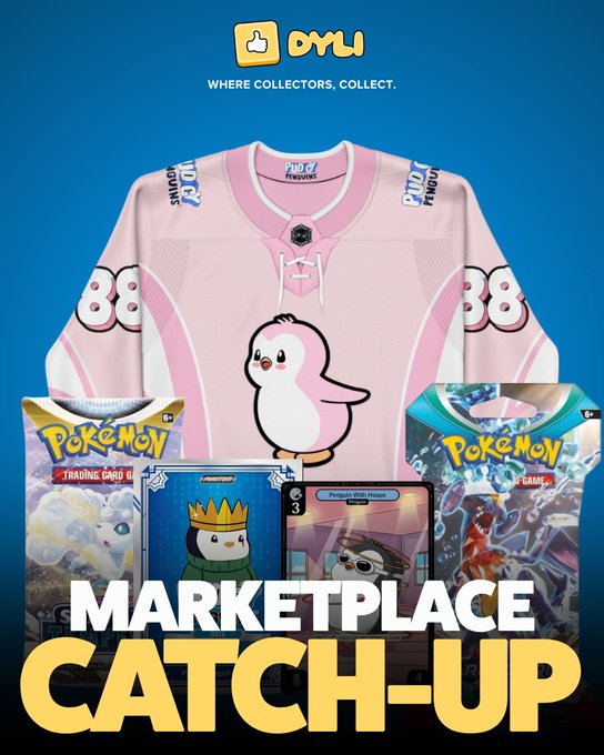 A promotional graphic for 'Oru' (Where Collectors, Collect) features a pink Pokémon hockey jersey with a Piplup design, displayed above Pokémon TCG booster boxes and cards under the text 'MARKETPLACE CATCH-UP'.