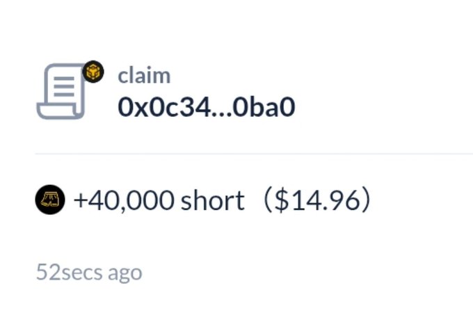 A cryptocurrency transaction screenshot showing a claim with the address 0x0c34...0ba0, showing a short position of +40,000 worth $14.96 made 52 seconds ago.